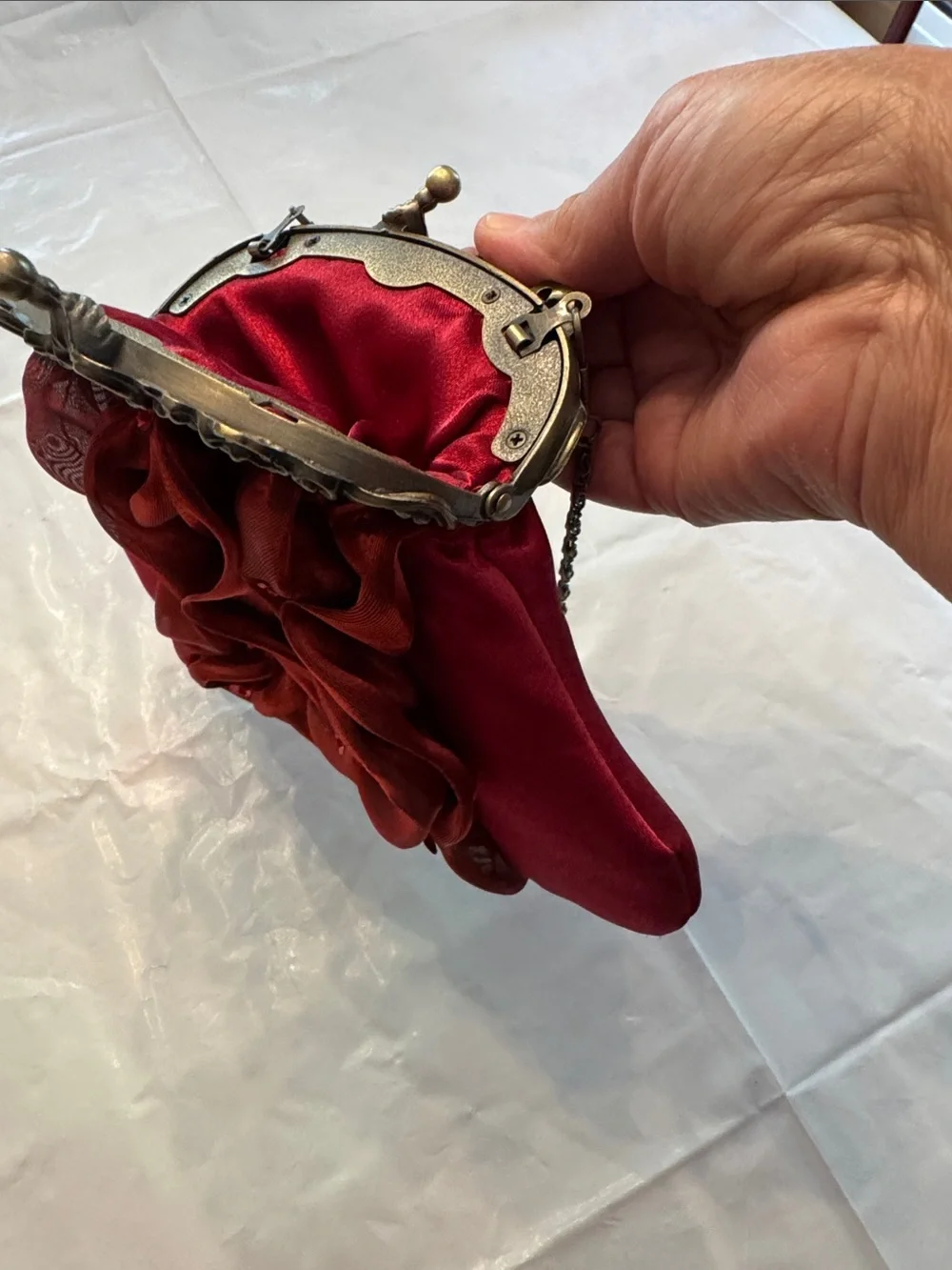 Red Satin Ruffle Evening Clutch with Ornate Frame
